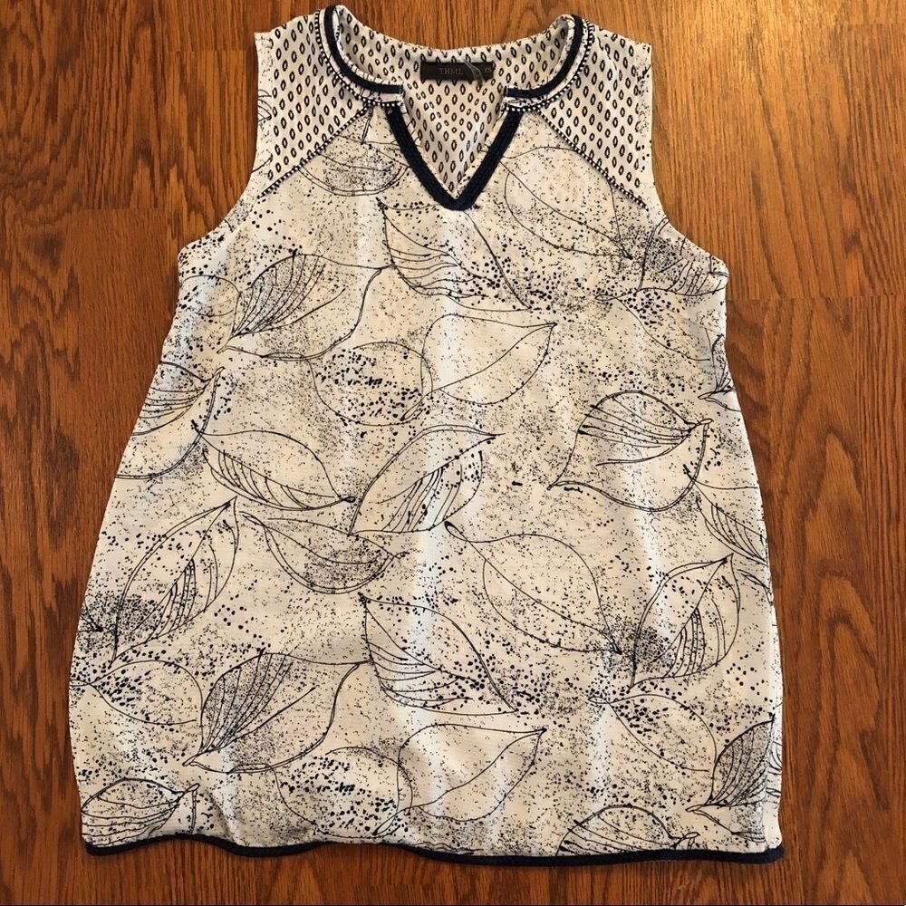 THML | White Sleeveless Top w/ Navy Leaf Print